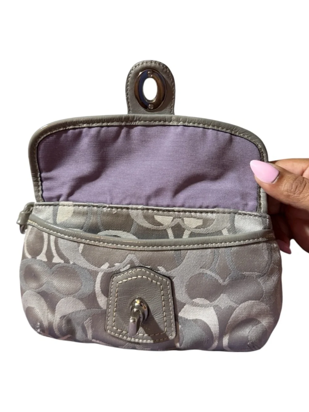 Coach Legacy Signature Optic Turnlock Flap Wristlet, Gray/Silver/Lavender - Picture 8 of 11